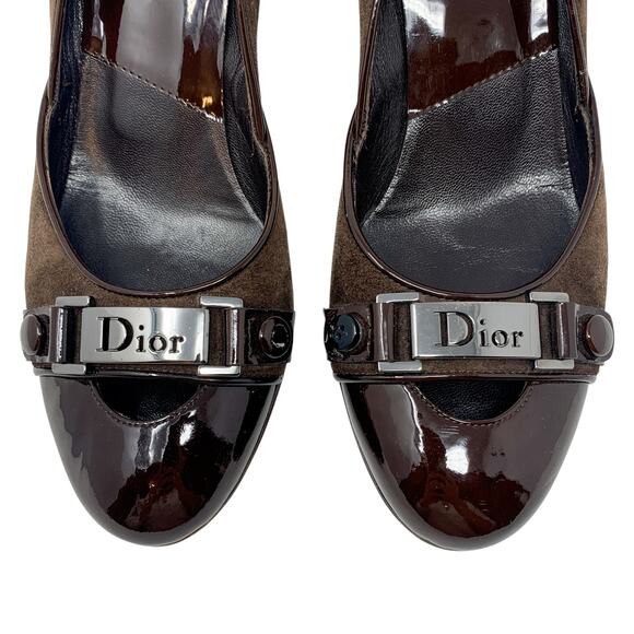 Vintage Dior Galliano Era Street Chic Brown Suede Patent Leather Logo Pumps 37.5 - Picture 10 of 16